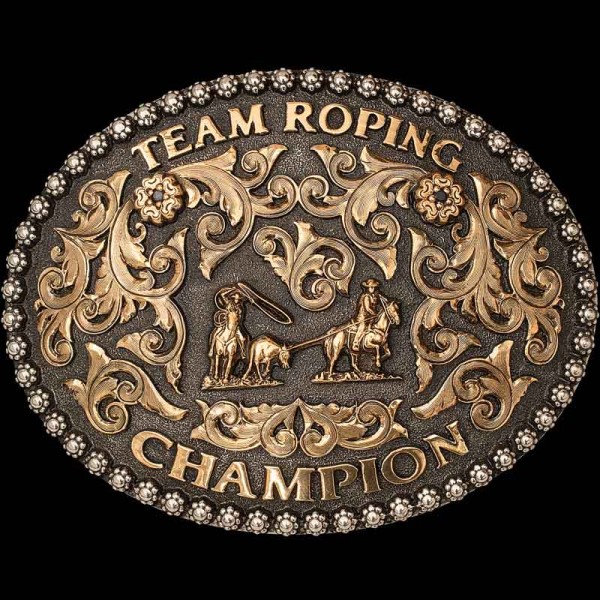 The perfect buckle for any team-roper! The Gallup Belt Buckle is a classy rodeo belt buckle in matted oval base with amazing bronze scrollwork. Personalize this buckle today!